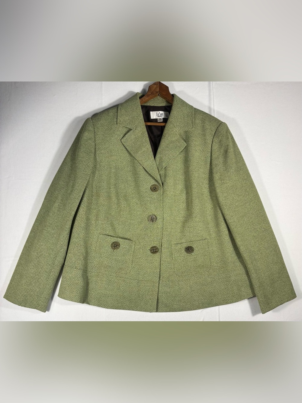 Le Suit Women’s 16W Light Green Tweed Tailored Button-Front Blazer